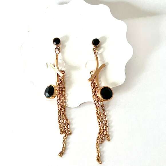 Dangle/Drop Earrings Women's Fashion Gold Tone Black Stone Unique Statement Chic - Picture 4 of 6